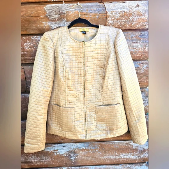 Valerie Stevens Luxury Quilted Gold Metallic Zip up Blazer Jacket Coat Pockets - Picture 1 of 13